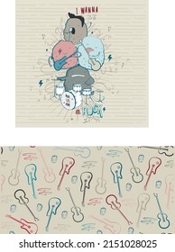 Símbolo de guitarra sin fisuras. , dibujo de estrellas de rock monstruoso adorable.Diseño de ilustraciones vectoriales para telas de moda y gráficos textiles.