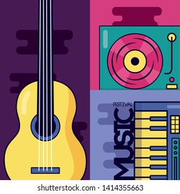 guitar synthesizer turntable record vinyl music festival vector illustration