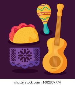 guitar with tacos and maracas, symbols of cinco de mayo vector illustration design