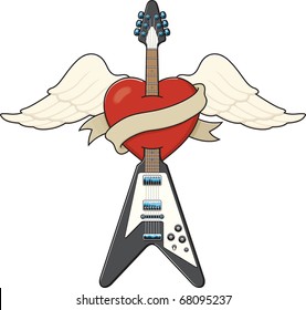 Guitar tattoo style illustration with banner for adding your text.