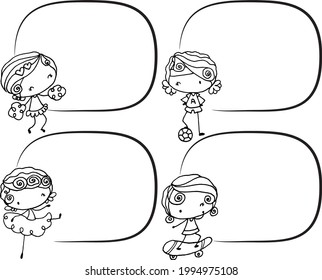 Guitar, tennis, hula hoop, skipping rope, skateboarding, cheerleading, dancing, soccer girl cartoon series border frame card speech bubble background