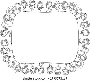 Guitar, tennis, hula hoop, skipping rope, skateboarding, cheerleading, dancing, soccer girl cartoon series border frame card circle background