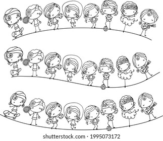 Guitar, tennis, hula hoop, skipping rope, skateboarding, cheerleading, dancing, soccer girl cartoon series border frame card circle background