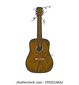 Guitar with torn strings. Sketch color scratch board imitation. Engraving vector