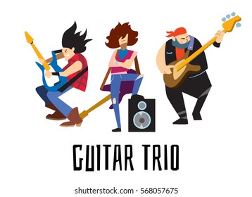 Guitar trio, rock band, music group with young musicians concept of artistic people vector illustration. Guitar trio isolated characters performing. Rock star concept in flat design.