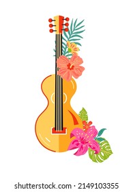 Guitar with tropical exotic flowers and leaves. Vector illustration isolated on white background. Flat style design element for poster, banner, invitation, summer concept, Luau and Hawaiian party.