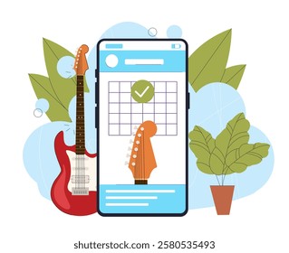 Guitar tuning application. Smartphone with electric guitar. Mobile app for tuning musical instruments. Program for musicians and guitarists. Flat vector illustration