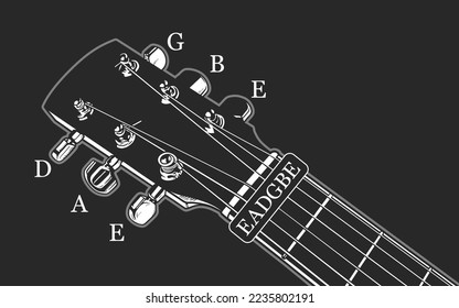 Guitar tuning. Black and white vector illustration on black background