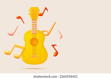 Guitar or Ukulele with Music notes, song, melody or tune 3d realistic vector icon for musical apps and websites background vector illustration