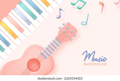 Guitar o Ukulele con notas musicales, canciones, melodía o sintonizar 3d icono vectorial realista para aplicaciones musicales y sitios web ilustración vectorial de fondo