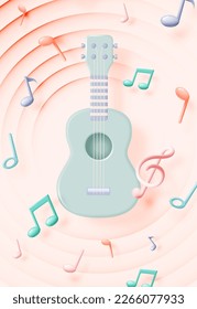 Guitar o Ukulele con notas musicales, canciones, melodía o sintonizar 3d icono vectorial realista para aplicaciones musicales y sitios web ilustración vectorial de fondo