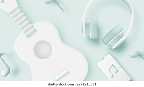 Guitar or Ukulele with Music notes, song, melody or tune 3d realistic vector icon for musical apps and websites background vector illustration