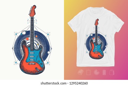 Guitar and universe. Music rock print for t-shirts and another, trendy apparel design 