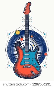 Guitar and universe t-shirt design. Music art color poster 