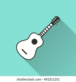 Guitar vector icon with long shadow. Illustration isolated on green background for graphic and web design.