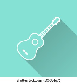 Guitar vector icon with long shadow. White illustration isolated on green background for graphic and web design.