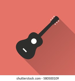 Guitar vector icon with long shadow. Illustration isolated on red background for graphic and web design.