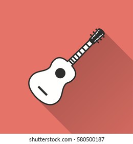 Guitar vector icon with long shadow. Illustration isolated on red background for graphic and web design.