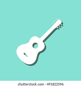 Guitar vector icon with shadow. White illustration isolated on green background for graphic and web design.