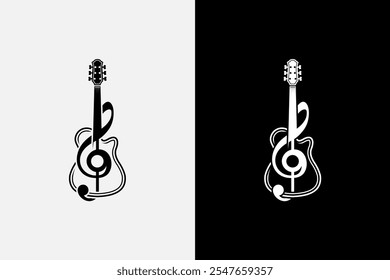 Ilustración vectorial de guitarra con una combinación de agudos clef tone icon, guitarra music logo
