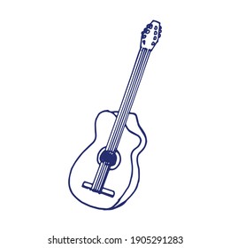 guitar vector illustration isolated on white background. acoustic guitar. stringed instruments icon. blue outline, hand drawn vector. doodle for kids, logo, cover, poster, banner, advertising. 