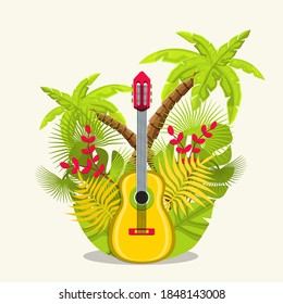 Guitar vector illustration. Musical instruments. Guitar with flowers and leaves. 