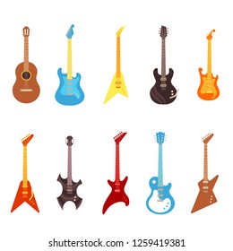 Guitar vector illustration set - different electric and acoustic string musical instruments of various colors in flat style. Concert equipment isolated on white background.