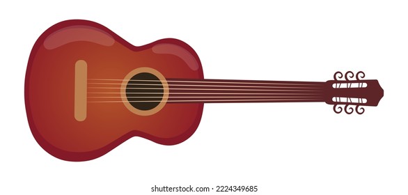 Guitar Vector Illustration. Wooden Acoustic Guitar On Transparent Background. Guitar Horizontal Clip Art. Music Instrument. Burgundy Color Guitar. 