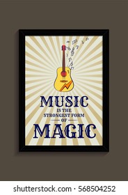 Guitar vector with music quote. Music concept with frame. Classical guitar with musical notes.