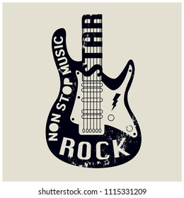 Impresión vectorial de guitarra.Diseño tipográfico de música ininterrumpida.Estrella de rock.