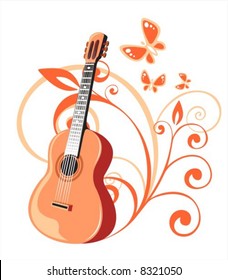 Guitar and vegetative pattern on a white background. Digital illustration.