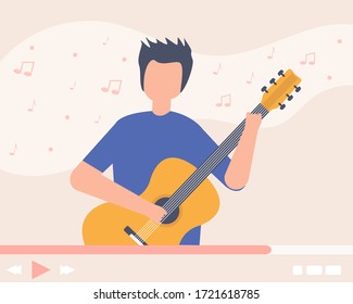 Guitar video tutorial, musical blogger online vector illustration. Playing acoustic instrument lesson, cartoon man guitarist character. Teaching hobby, artist play song on camera, notes around.