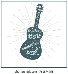 Guitar in vintage style with inscriptions. Vector isolated image. For poster, printing, web development.