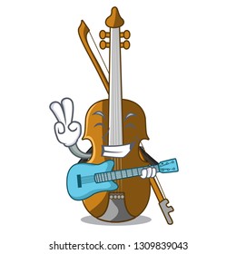 With guitar violin in the cartoon music room