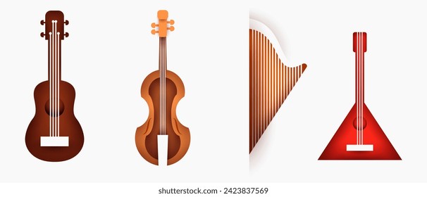 Guitar, violin, harp, balalaika. Set musical instruments in modern creative paper layer style. Vector minimal illustration.