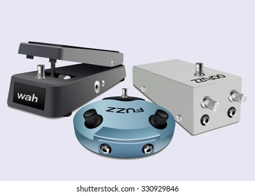 Guitar wah, fuzz, ocfuzz pedals on white background. Vector illustration