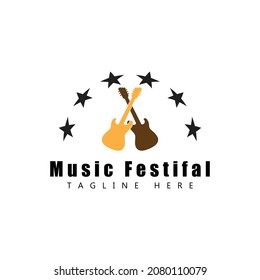 Naturaleza del símbolo del vector de la plantilla de logotipo de onda de guitarra
