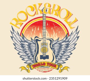 Guitarra con arte de ala. Diseño de la impresión gráfica de vectores de roca y rollo para prendas de vestir, pegatinas, carteles, fondo y otros. Afiche musical de rock rebelde. Diseño de camisetas salvajes y libres. Estrella de rock.