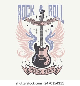 Guitar with wing rock and roll vector t shirt design. Music band poster artwork for apparel, poster, background, and others. Rockstar vector artwork. 