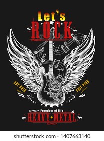 Guitar and wings. Let's Rock slogan. Musical vector art, t-shirt design 