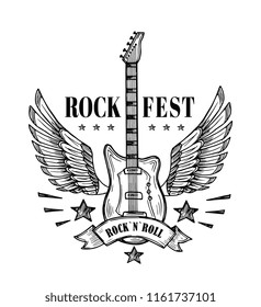 Guitar with wings. Music festival vintage poster. Rock and roll tattoo vector art. Rock guitar, festival music emblem with wings illustration