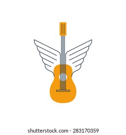 Guitar with wings. Music school, rock acoustic music, thin lines icon and logo, vector linear illustration