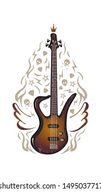 Guitar with wings, Rock'n'Roll elements grunge style . Hand drown background isolated.
