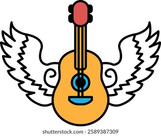 A guitar with wings is shown in a white background. The guitar is the main focus of the image, and the wings surrounding it give the impression of freedom and creativity