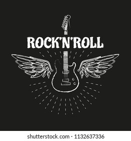 Guitar with wings vector illustration for print on T-shirt with rock and roll text