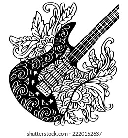 Guitar zentangle art with floral ornament.