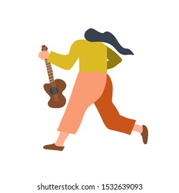 Guitarist with acoustic guitar. Back view of funny music character. Flat vector doodle illustration.