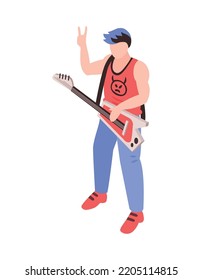Guitarist with blue hair performing at rock concert 3d isometric vector illustration