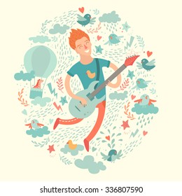 Guitarist, cartoon hipster playing guitar on a colorful background. Isolated vector illustration