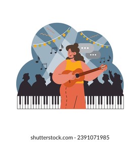 Guitarist center stage, strumming for an eager audience beneath festoon lights, as the festival night comes alive with melodies. Silhouettes cheer and dance. Flat vector illustration